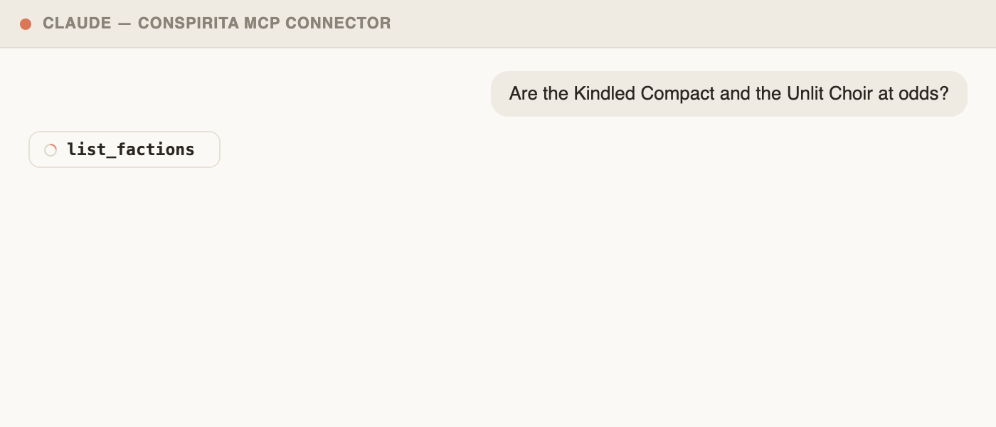 Claude.ai calling Conspirita's MCP tools to check a faction relationship